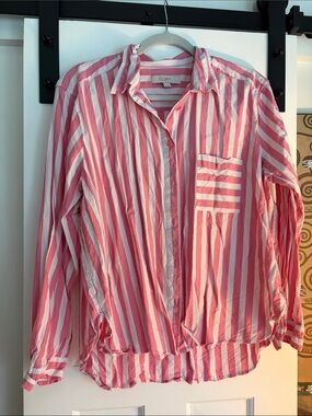 LOFT Pink and White Vertical Stripe Button-Down Blouse